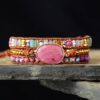 Fancy Bouquet Rhodonite Natural Gemstone Bracelet Brown Leather