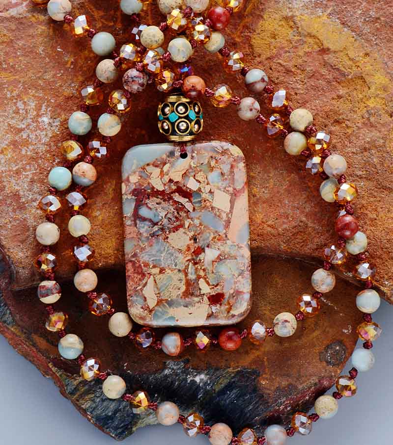Ancient Stones Boho Beaded Pendant  Necklace