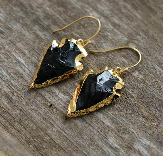 Natural Obsidian Stones Arrowhead Bohemian Dangle Earrings