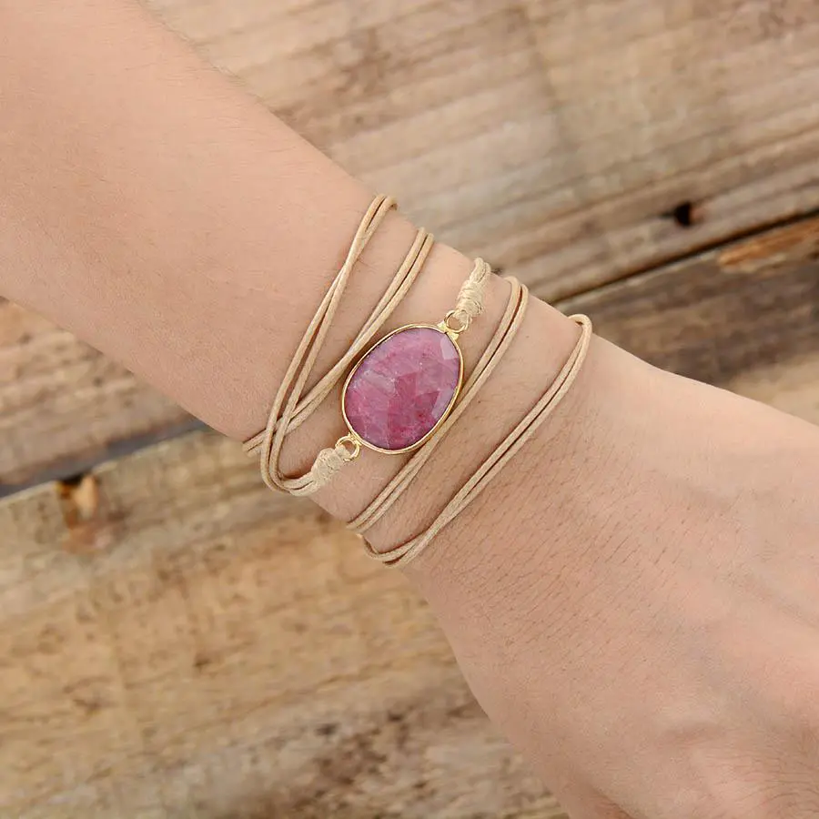 Rhodonite Charm Vegan Rope Wrap Bracelet