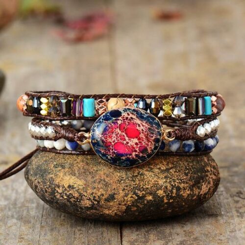 Galaxy Jasper wrap Bracelet Black Leather