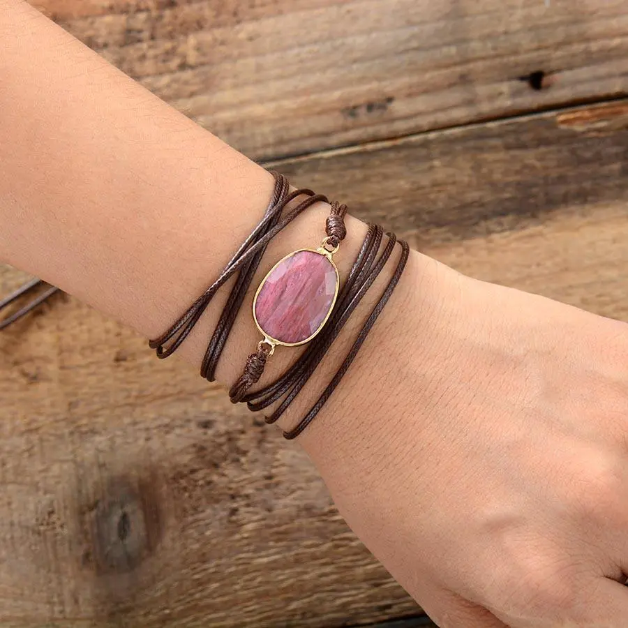 Rhodonite Charm Vegan Rope Wrap Bracelet