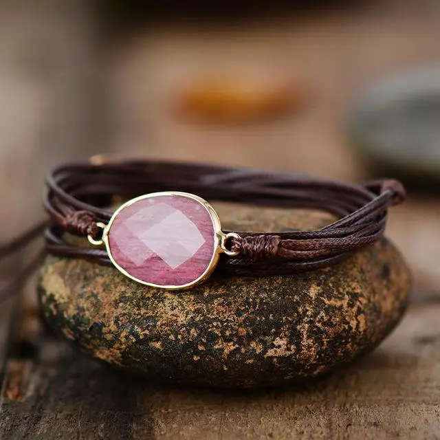 Rhodonite Charm Vegan Rope Wrap Bracelet