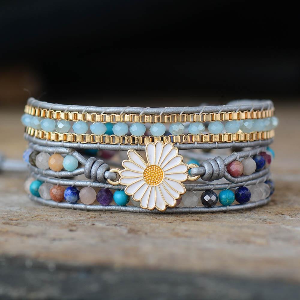 Women Handmade Daisy Sunflower Charm Natural Stone Crystal Bead Wrap Bracelet