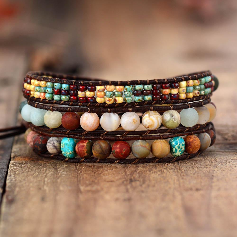 Frosted Stone Beads Multi Layered Bohemian Vintage Wrap Bracelet