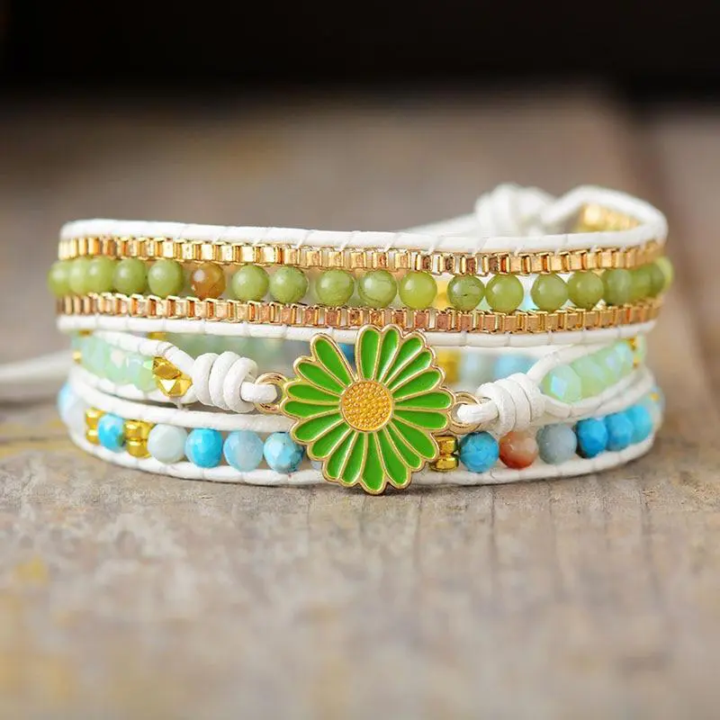Handmade Daisy Charm wrap bracelet for women - Treasure Jewelry