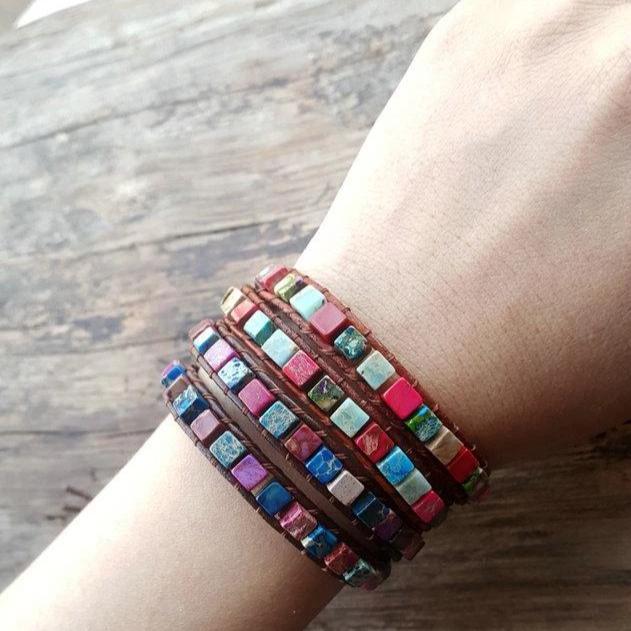Woven Cube Bead Bracelet - Mix Natural Stone - Leather Wrap Bracelet