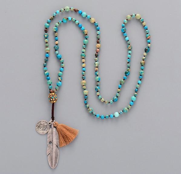 Bohemian Elegant Turauoise Necklace - Feathers Pendant