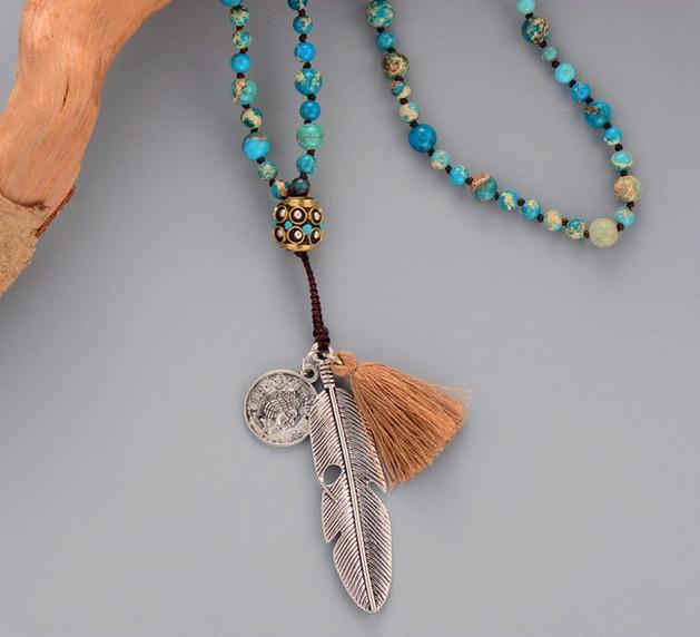 Bohemian Elegant Turauoise Necklace - Feathers Pendant