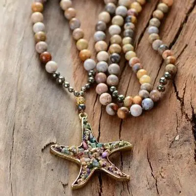 Beach - Boho Starfish Necklace - Pyrite stones