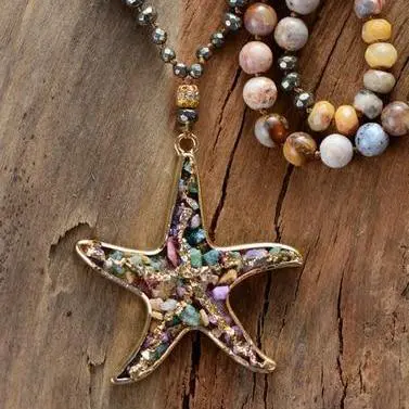 Beach - Boho Starfish Necklace - Pyrite stones