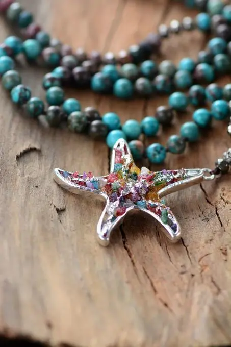 Beach - Boho Starfish Necklace - Pyrite stones