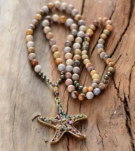 Beach - Boho Starfish Necklace - Pyrite stones