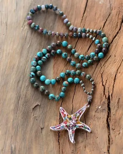 Beach - Boho Starfish Necklace - Pyrite stones