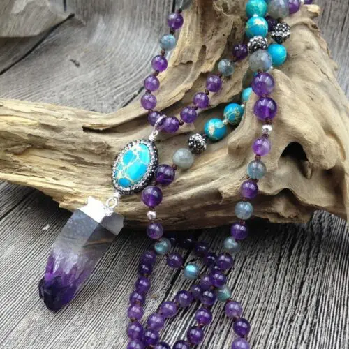 Amethyst Crystal & Turquoise Stone Boho Chic Beaded Necklace