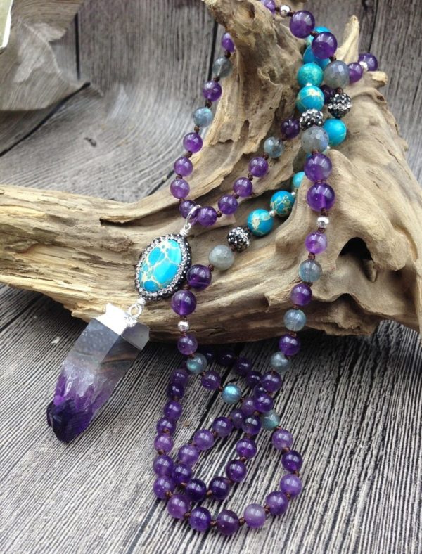 Amethyst Crystal & Turquoise Stone Boho Chic Beaded Necklace
