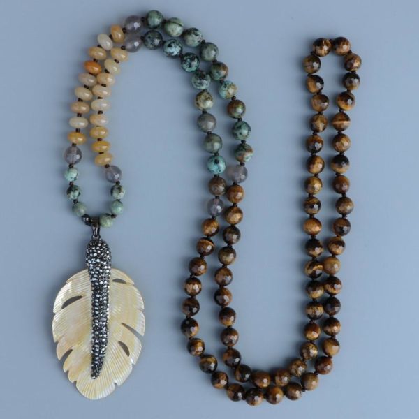 Wild Leaves Shell Leaf Pendant Tiger Eye Beaded Necklace