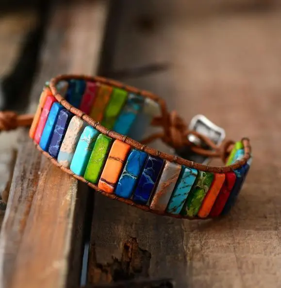 Rainbow beads - jasper stone Leather Wrap Bracelet - Image 3