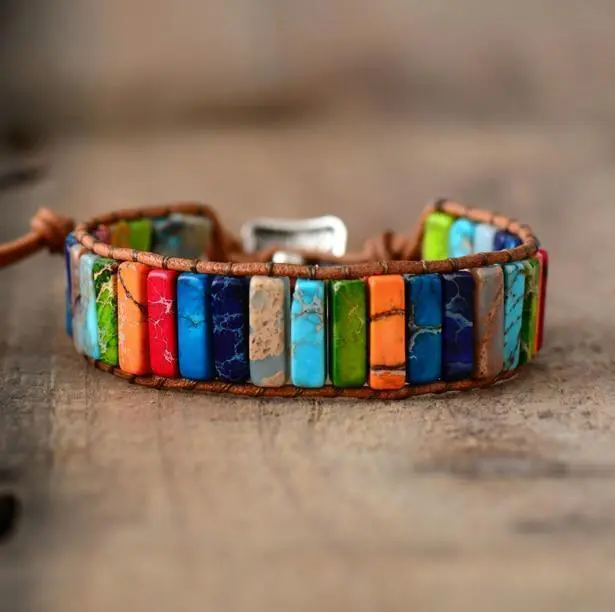 Rainbow beads - jasper stone Leather Wrap Bracelet - Image 5