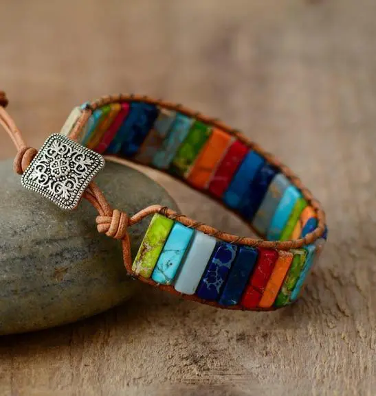 Rainbow beads - jasper stone Leather Wrap Bracelet - Image 4