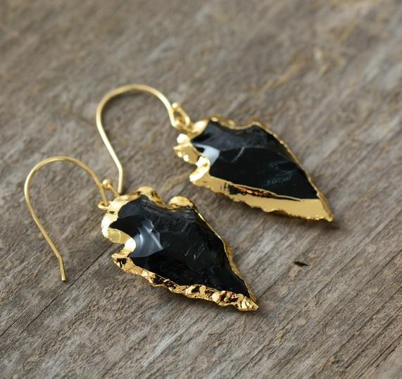 Natural Obsidian Stones Arrowhead Bohemian Dangle Earrings