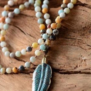 Leaf Pendant Amazonite Beaded Necklace