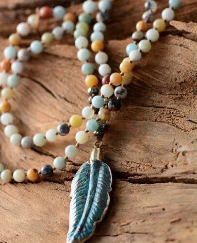 Leaf Pendant Amazonite Beaded Necklace