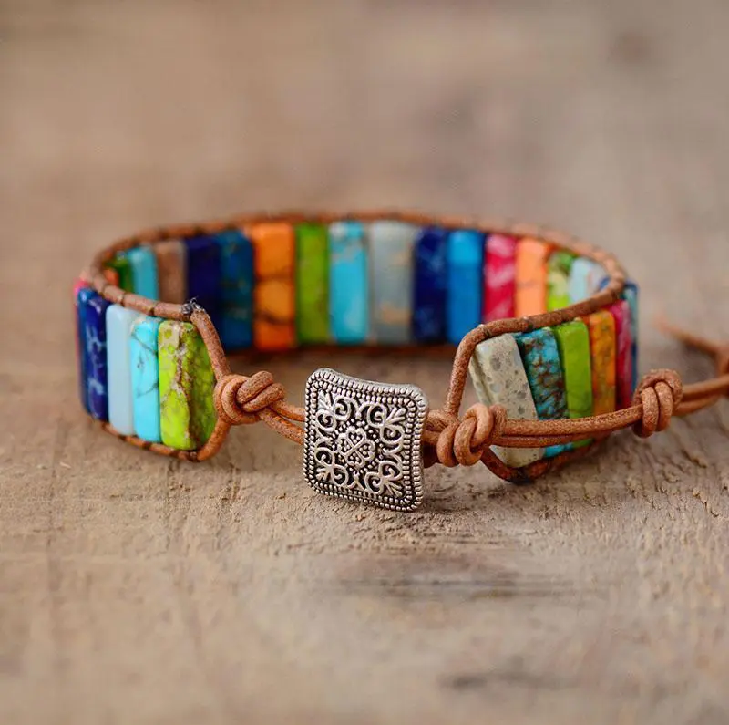 Rainbow beads - jasper stone Leather Wrap Bracelet