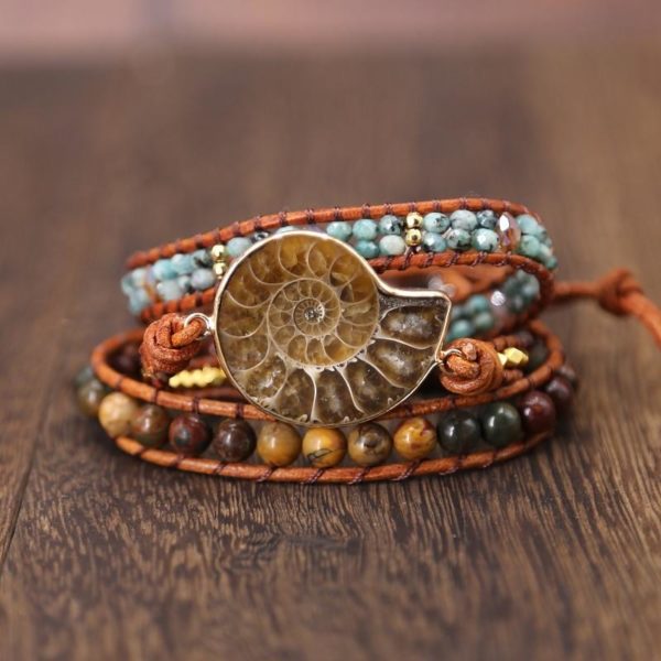 Ammonite Fossils Seashell Snail charm Handmade Bohemian wrap bracelet