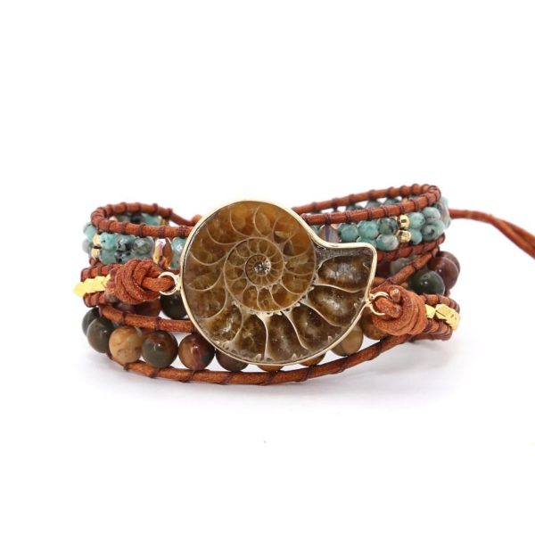Ammonite Fossils Seashell Snail charm Handmade Bohemian wrap bracelet