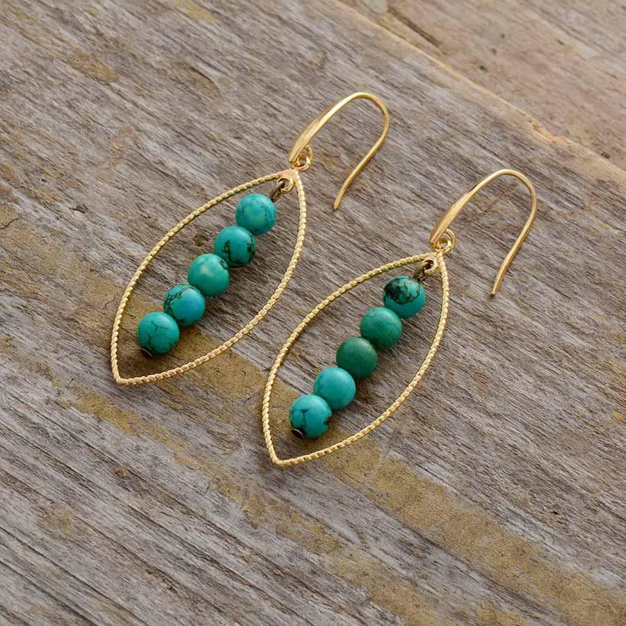 Hand Made Boho vintage Earrings - oval charming leaf and turquoises - Image 3