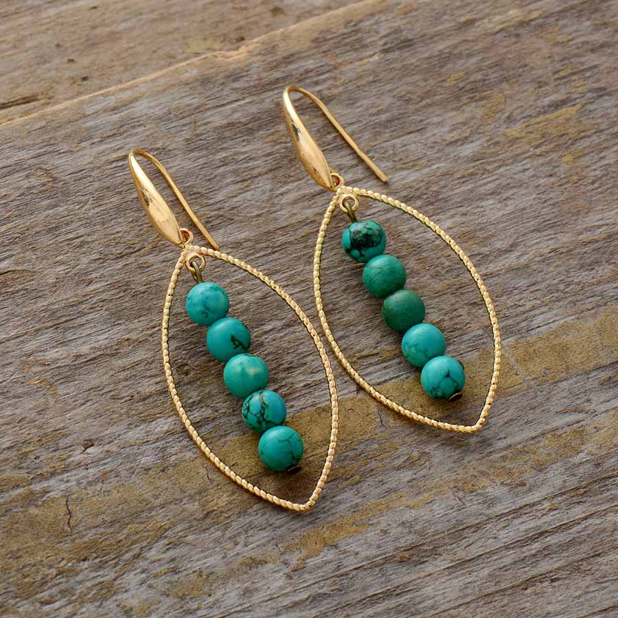 Hand Made Boho vintage Earrings - oval charming leaf and turquoises