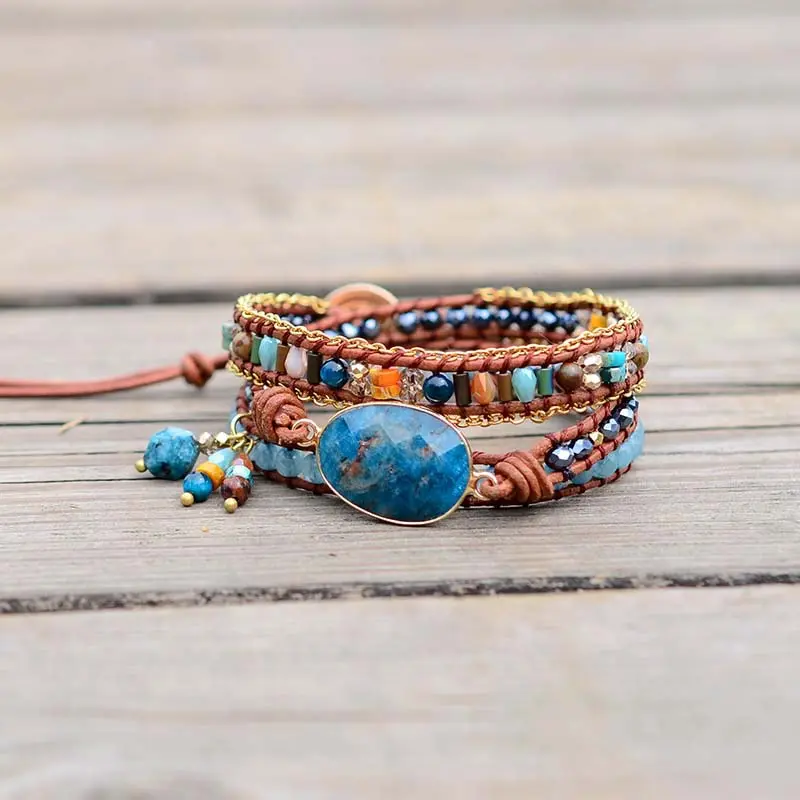 Apatite Charm Leather Wrap Bracelet - Image 8