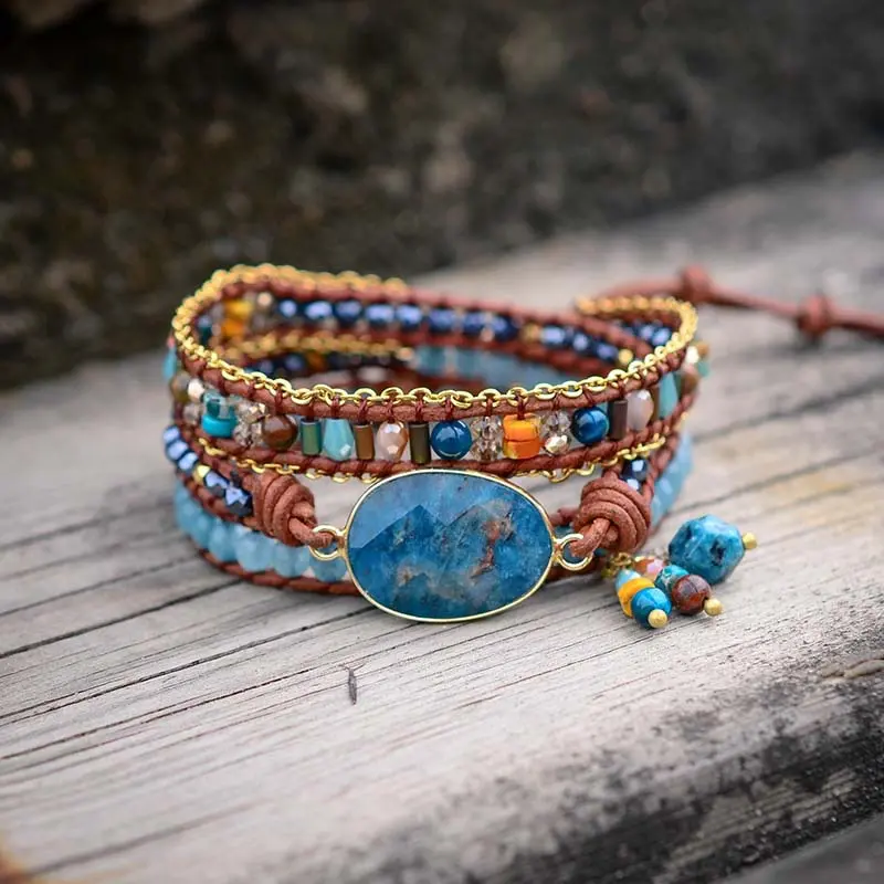 Apatite Charm Leather Wrap Bracelet - Image 3