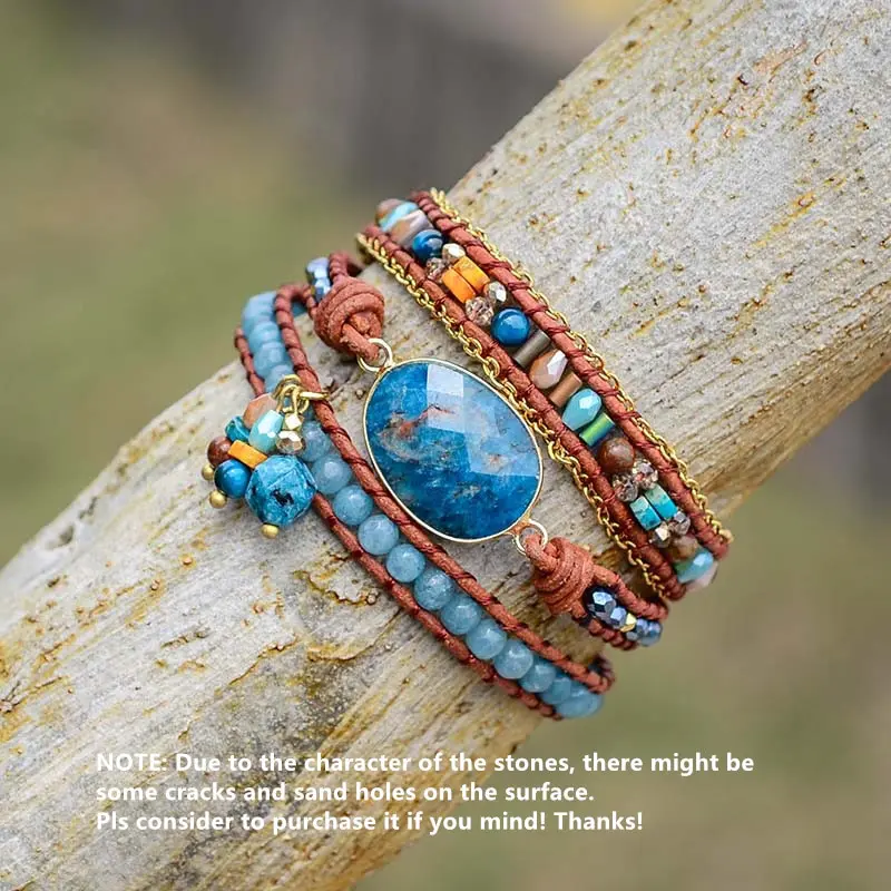 Apatite Charm Leather Wrap Bracelet - Image 2