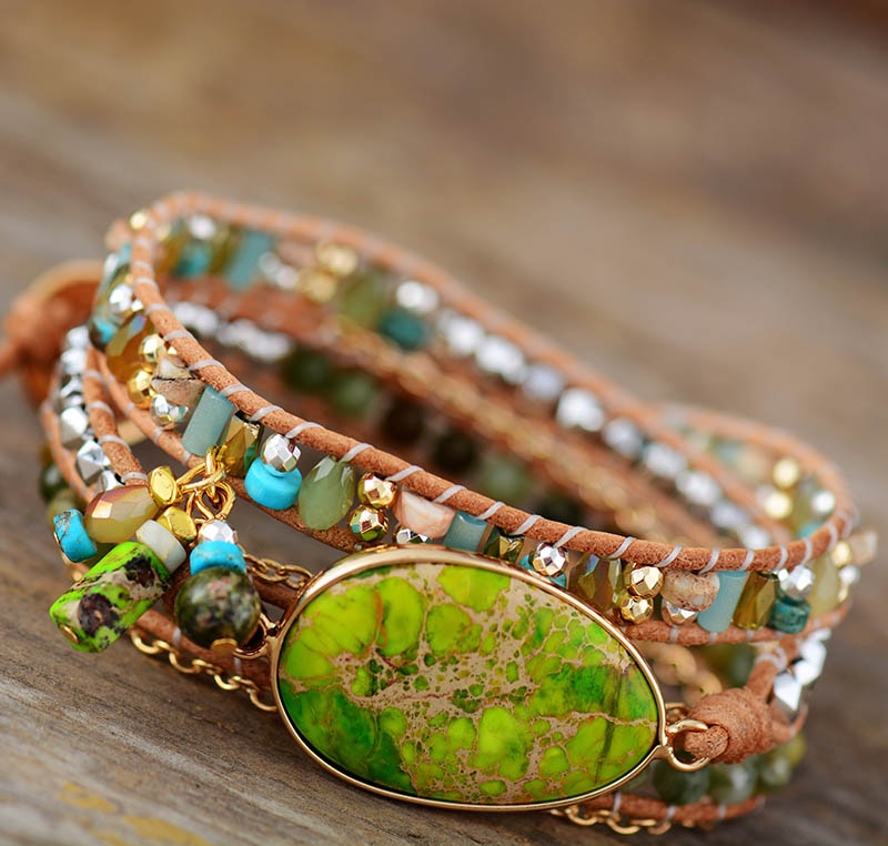 Variscite Sea leather wrap bracelet with charms