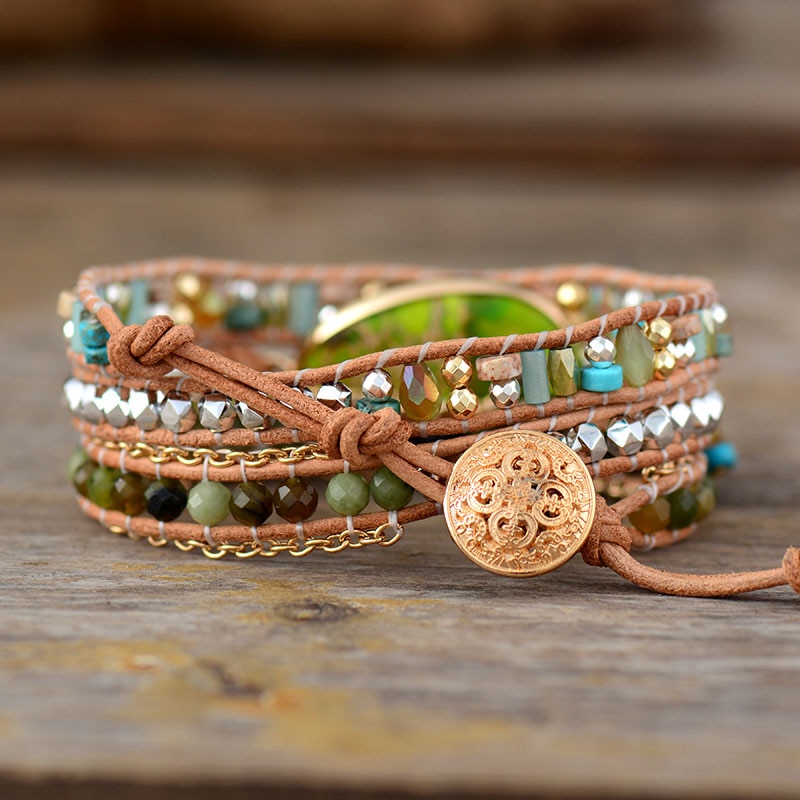 Variscite Sea leather wrap bracelet with charms