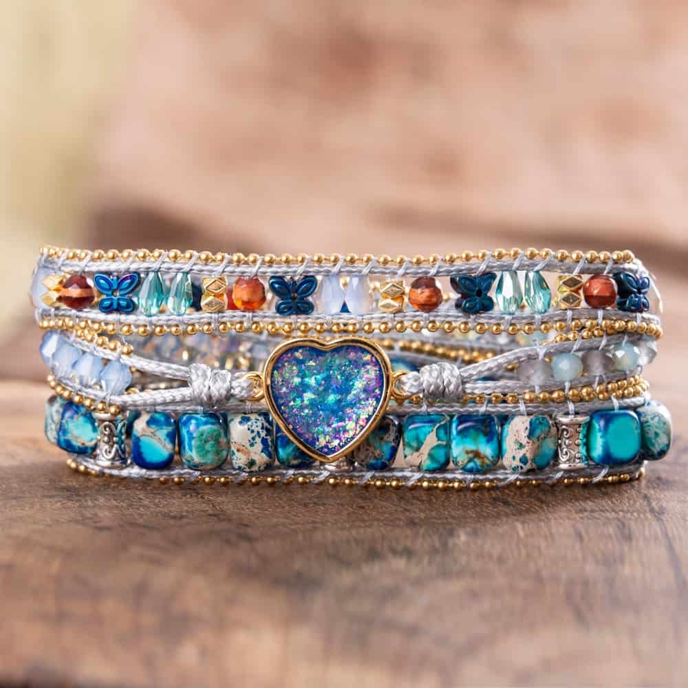 Moonbeam opal stone charm multilayered Leather wrap bracelet