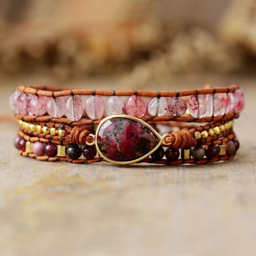 Beaded Leather Wrap Bracelet | Red Rose TearDrop Stone