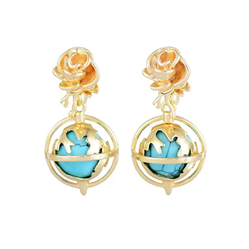 Earth Bloom Turquoise Earrings/Necklace Set Gold Plated and Turquoise Bead