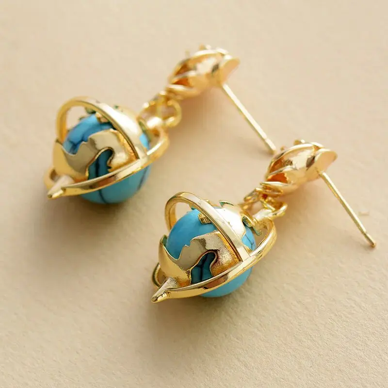 Earth Bloom Turquoise Earrings/Necklace Set Gold Plated and Turquoise Bead