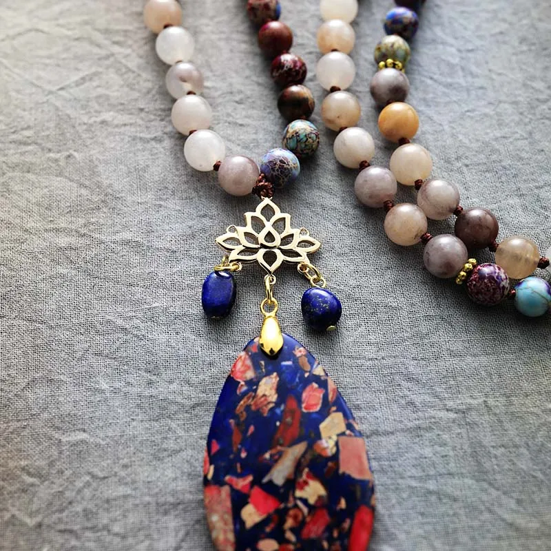 Beaded Long Necklace with Lotus and Tear Drop pendant