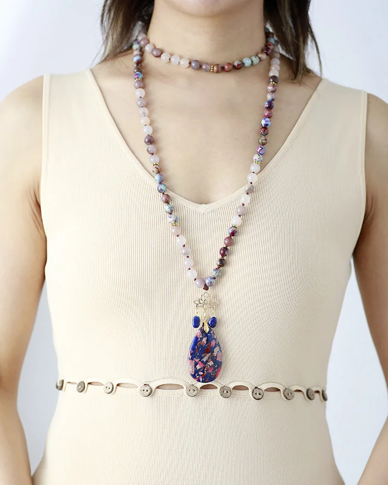 Beaded Long Necklace with Lotus and Tear Drop pendant