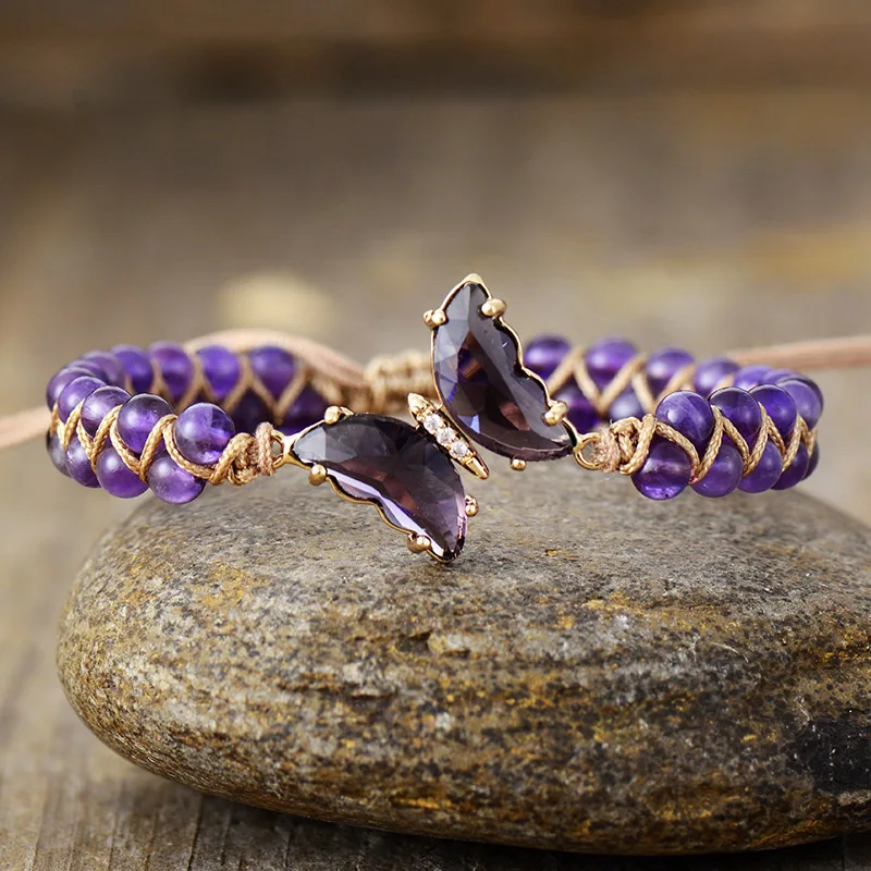 Treasure Jewelry|Bohemia Gardens Crystal Butterfly Bracelet with Turquoise – Amethyst – Agate stones