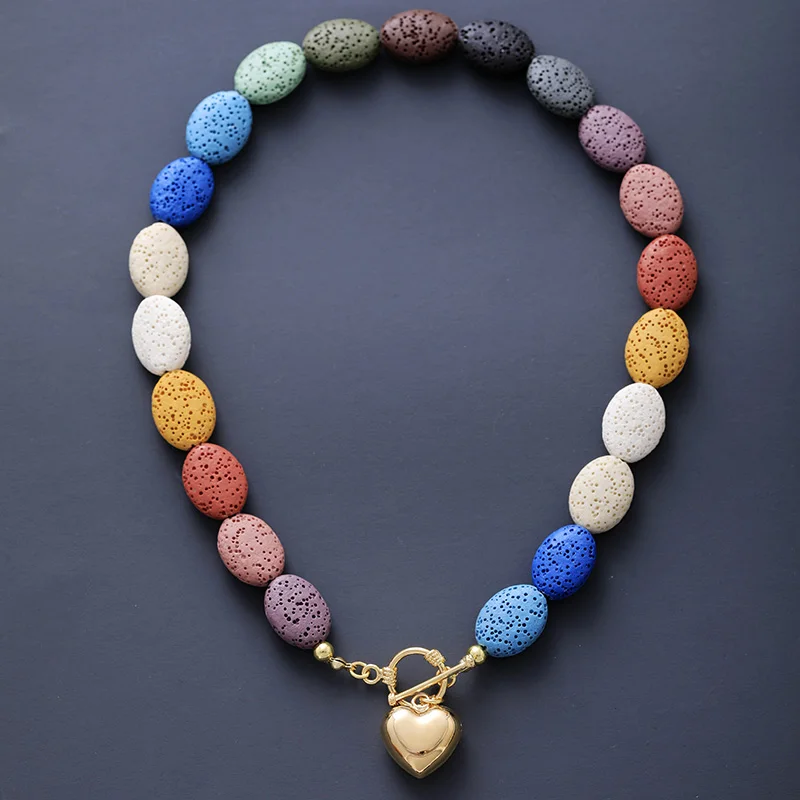 Eternal Harmony Heart Choker Necklace with Colorful Lava Stones and Heart Pendant