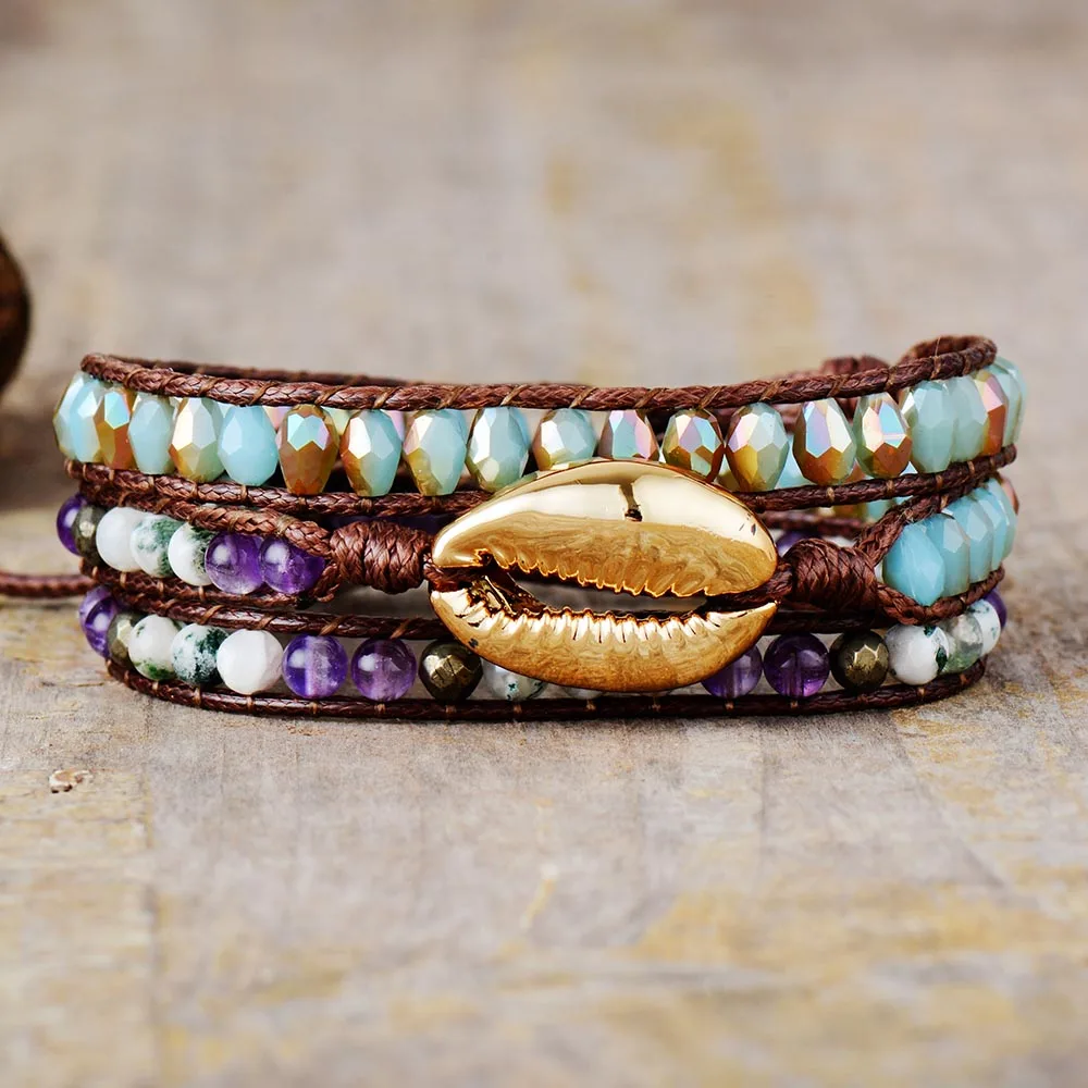 Gold Plated Cowry Shell  Boho Non Leather Wrap Bracelet