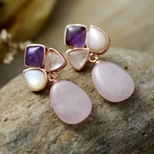 Luxe Women Rose Quartz Gold Plated Stud Stones Crystal Earrings