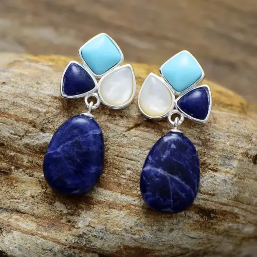 Luxe Women Sodalite Gold Plated Stud Stones Crystal Earrings
