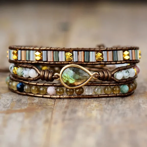 Labradorite Teardrop Stone Wrap Bracelet 3 layers