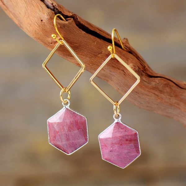 Blossom Rhodonite Hexagon Drop Earrings -Bohemian Gemstone Earring